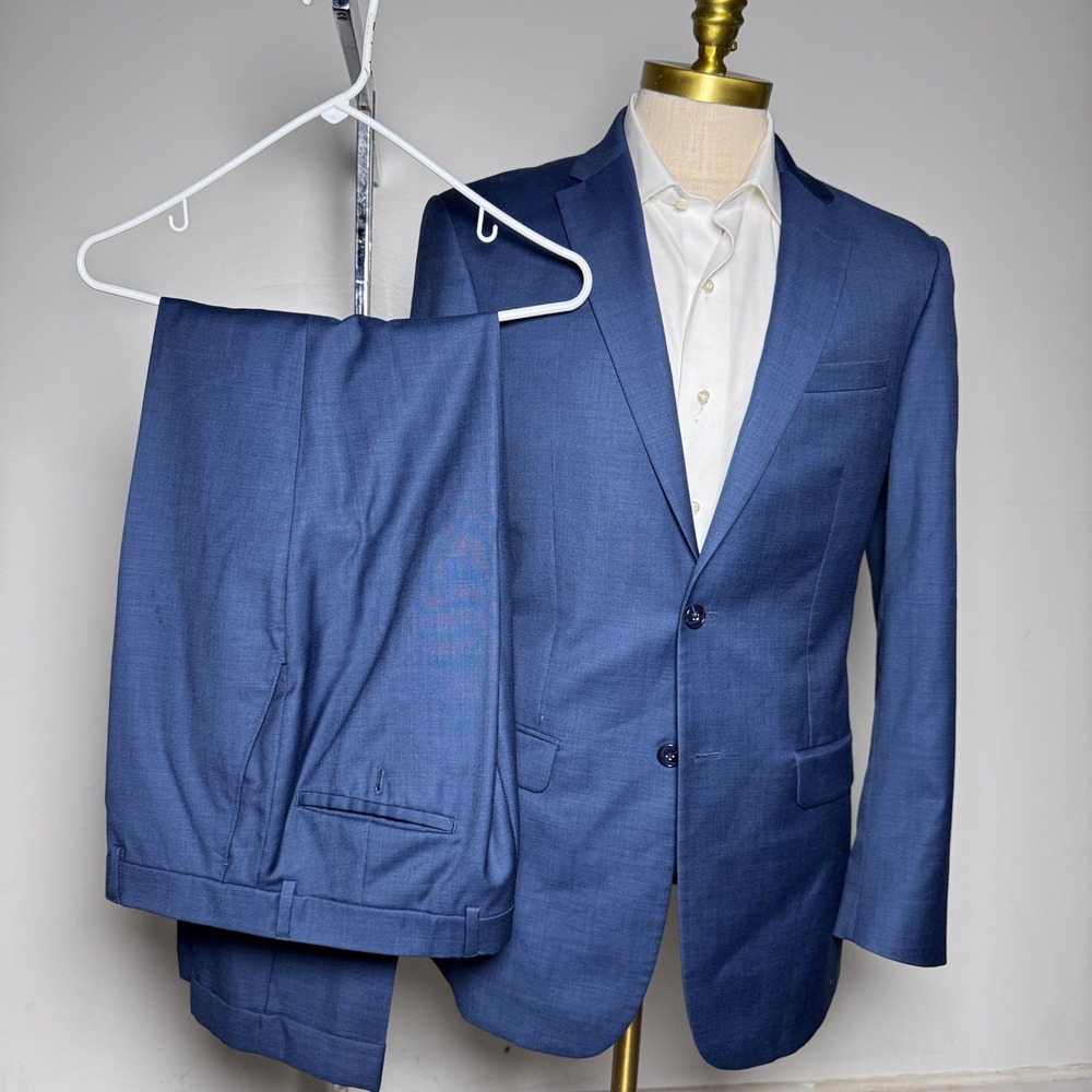 Jos. A. Bank Suit Mens 38L W31 Blue Solid Slim Fit Traveler's Collection Wool